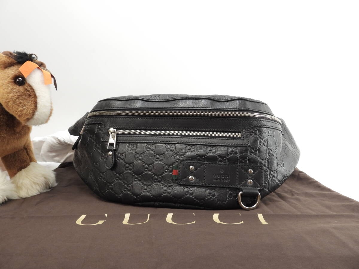 グッチ ボディバッグ大 GG シマレザー黒 斜掛ショルダーバッグ ウエストバッグ 美品@ 21