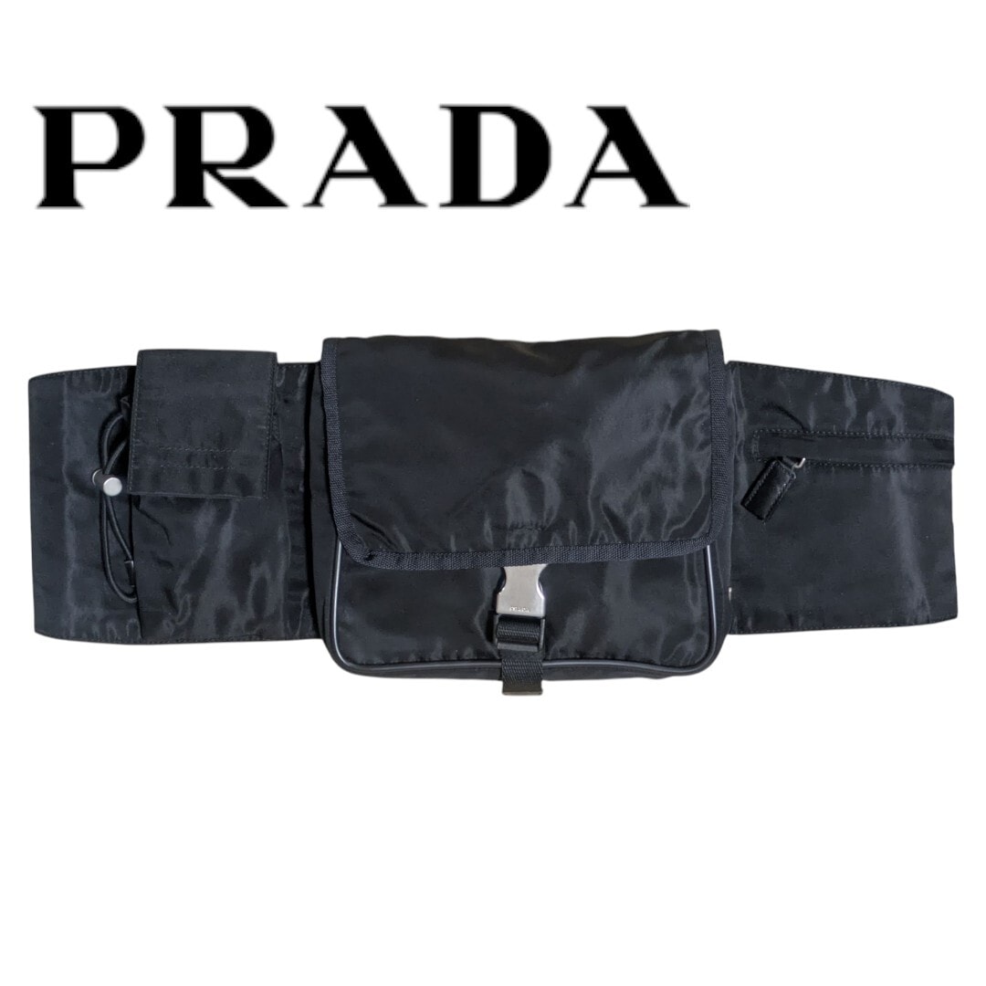 PRADA ナイロン ウエストポーチ ブラック 黒 バッグ 三角ロゴ トライアングル archive プラダ テスート