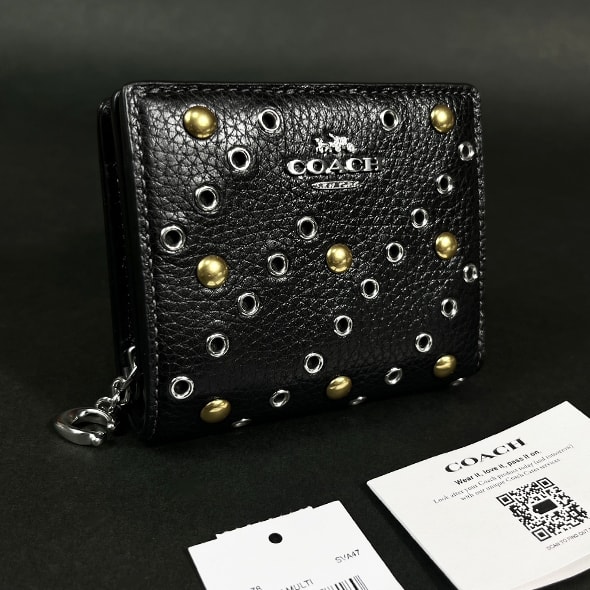 【COACH 本物 新品 コーチUSAアウトレット正規品】シルバー スナップ ウォレット リベット 二つ折り 財布 CCL78 ブラック レザー 新作