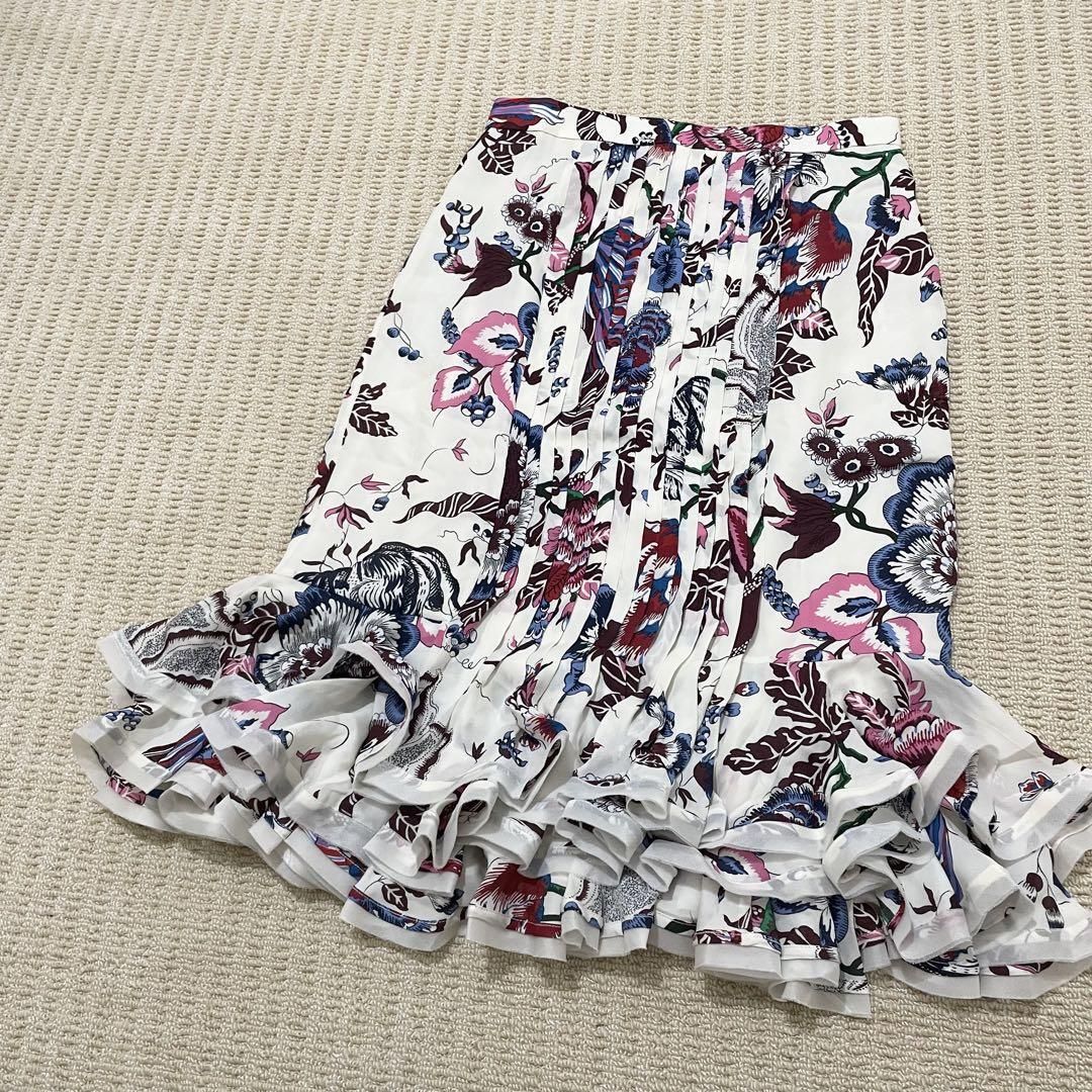 【極美品】トリーバーチ　プリーツ　フリル　フレア　ミドル丈スカート　花柄