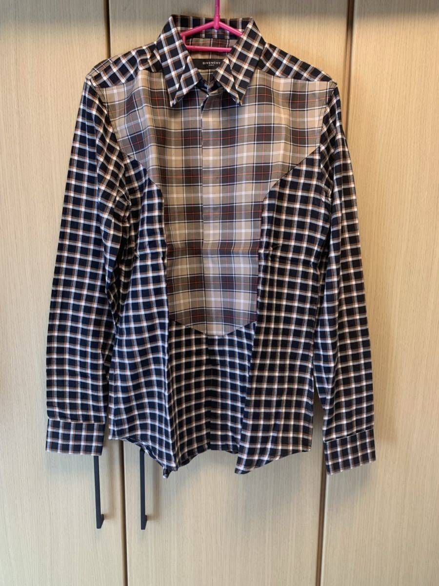 正規 GIVENCHY ジバンシー ジバンシィ Riccardo Tisci リカルド ティッシ チェック 切替 コットン シャツ 紺×茶 37