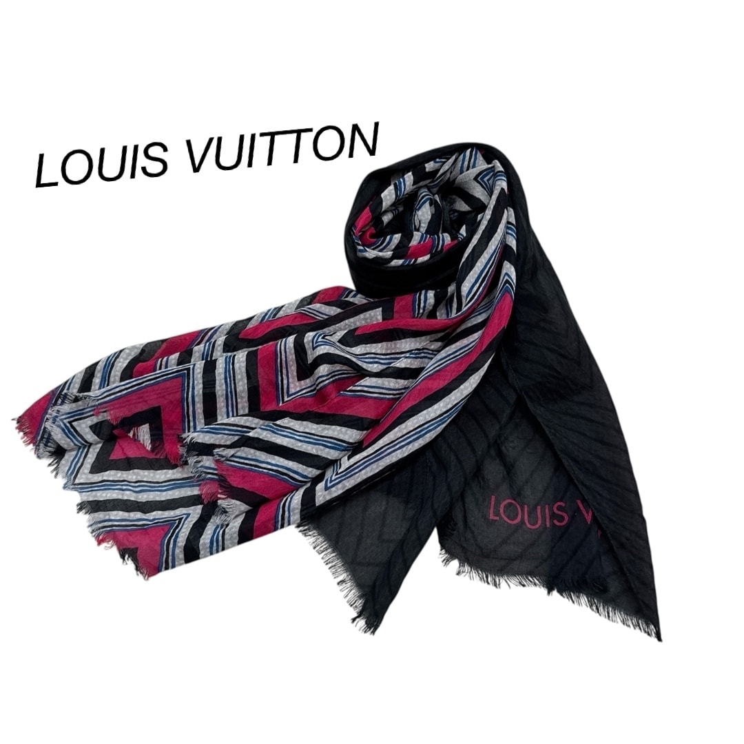極美品 ルイヴィトン 大判 スカーフ ショール ブラック系 マルチカラー