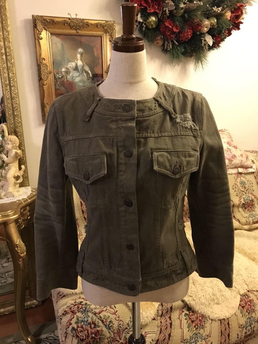 最高級正規品ドルチェ&ガッバーナDOLCE＆GABBANAダメージデニムジャケットDGドルガバ豹柄ヒョウ柄レオパードスプリングコートカーキGジャン