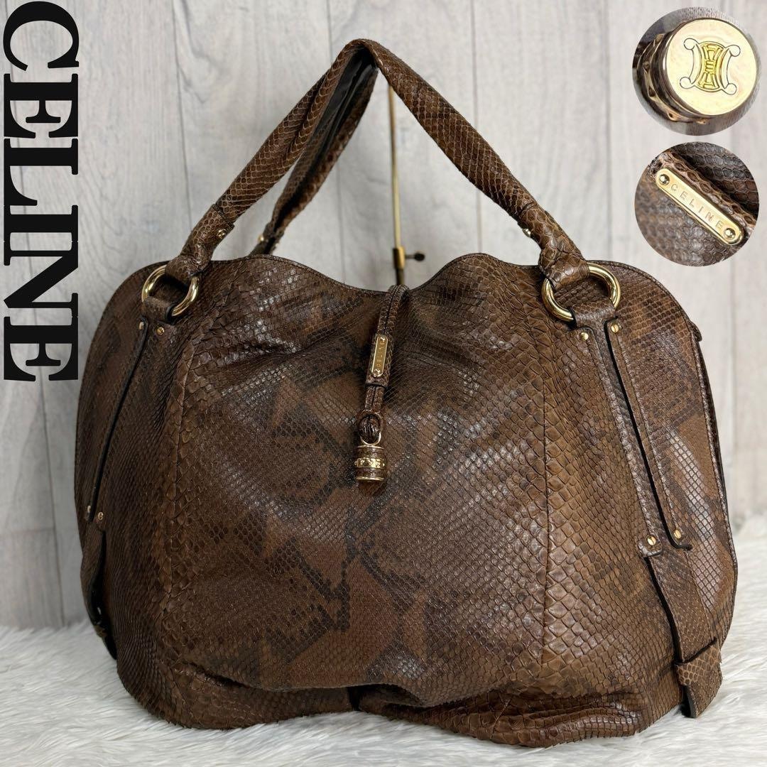 希少 A4可 パイソン CELINE セリーヌ トリオンフ ロゴ レザー ショルダーバッグ ハンドバッグ ビタースウィート ブラウン レディース