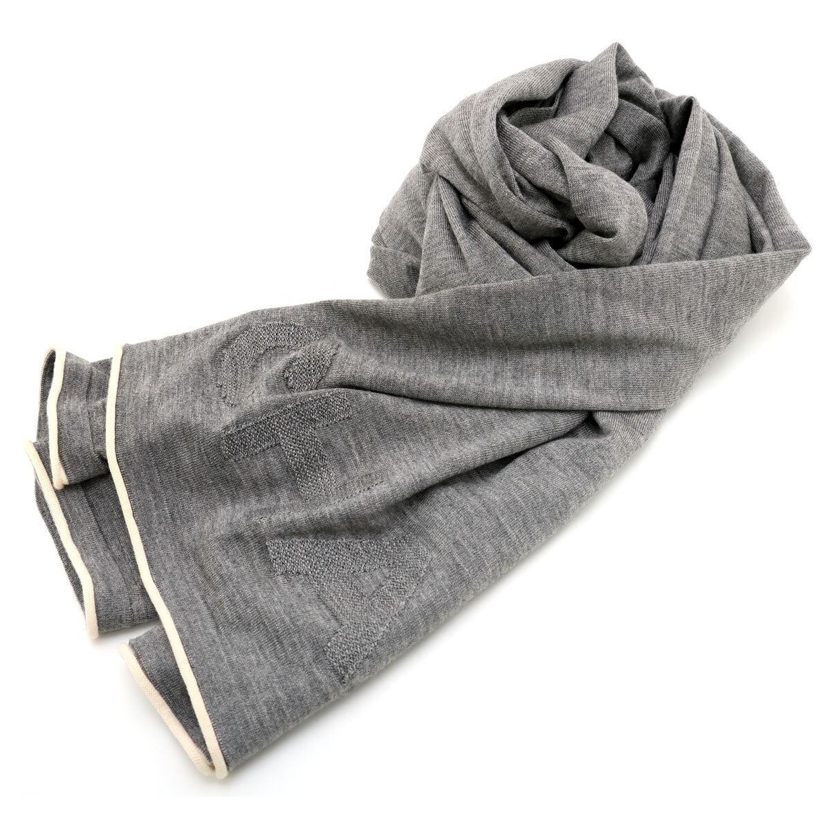 中古 CHANEL シャネル ロゴ ストール カシミア シルク グレー × ホワイト イタリア製 箱付 ロング 防寒 レディース メンズ なめらか