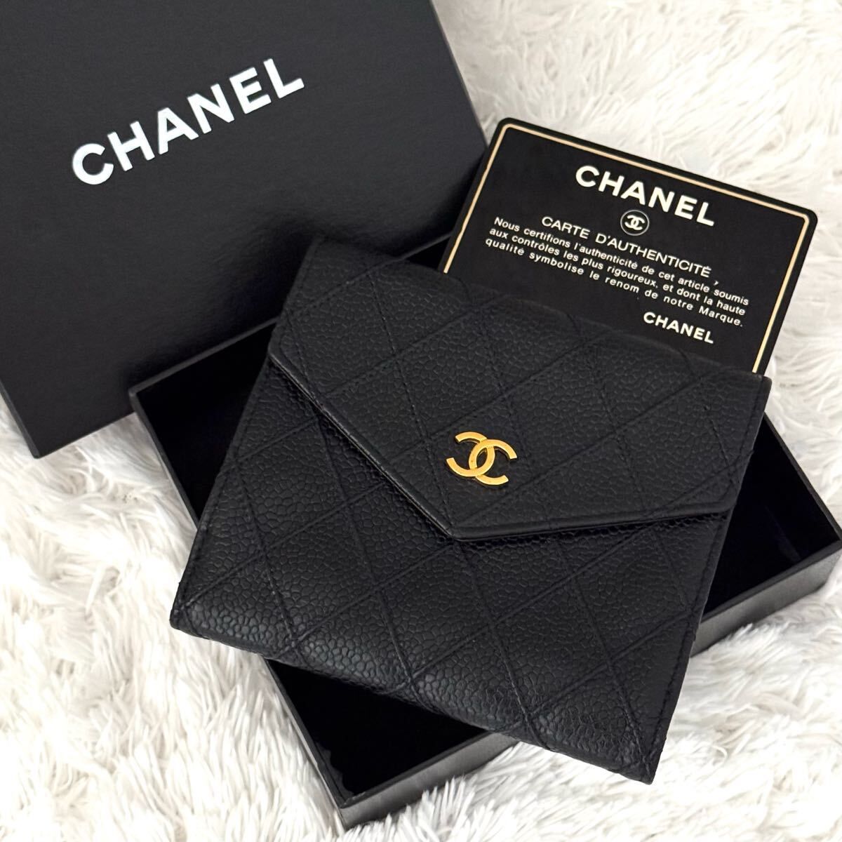 ☆極上美品☆CHANELシャネル キャビアスキン ビコローレ Wホック 財布 ココマーク ゴールド金具