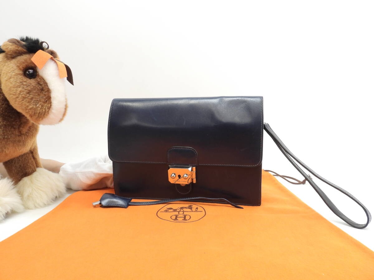 エルメス ジェット Boxカーフ紺 シルバー金具 セカンドバッグ クラッチバッグ 美品@□L