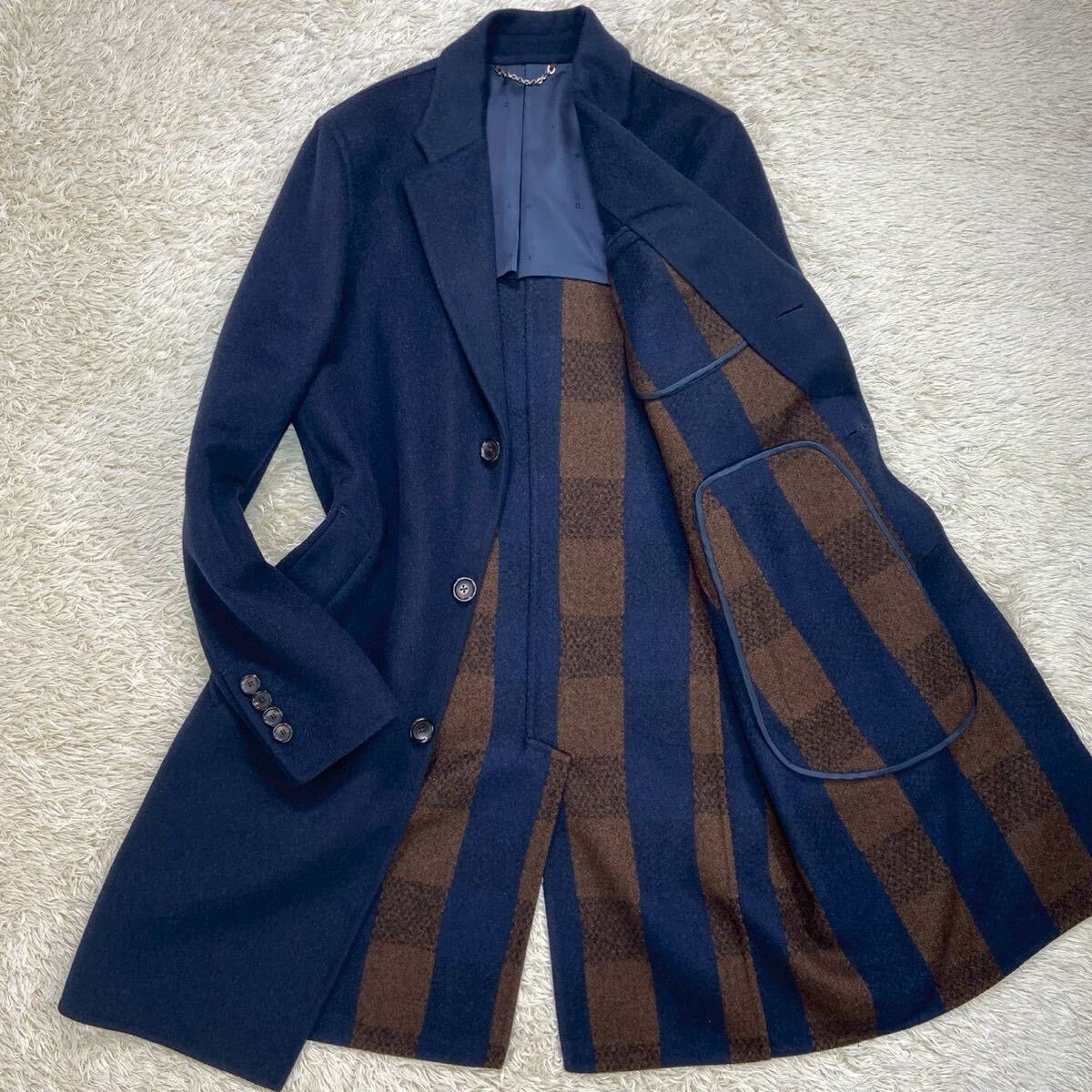 美品 LOUIS VUITTON ダミエ柄 チェスターコート ネイビー XL 美品 LOUIS VUITTON ダミエ柄 チェスターコート ネイビー XL