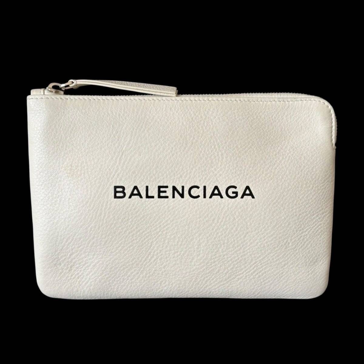 BALENCIAGA バレンシアガ 492465 エブリデイ ポーチ 小物入れ クラッチポシェット レザー ロゴ ホワイト