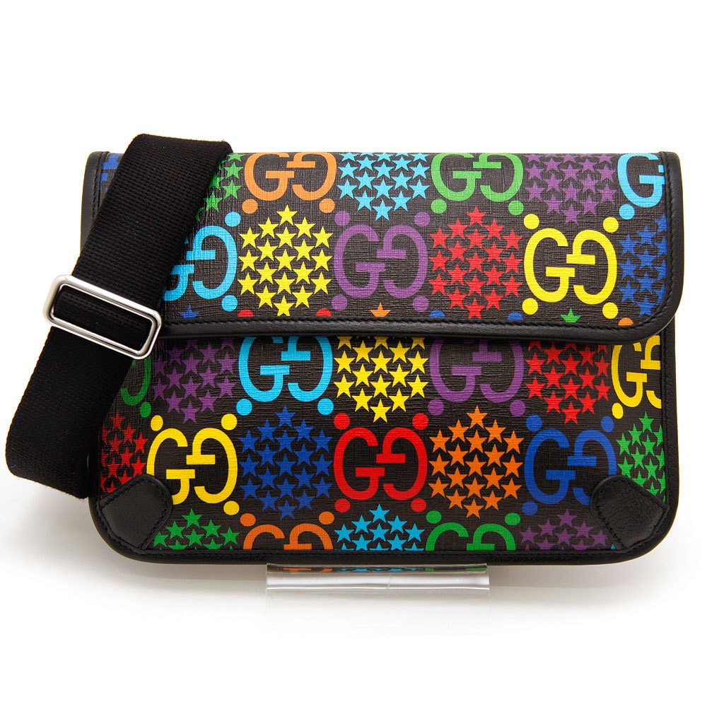 中古美品 GUCCI グッチ ボディバッグ GGサイケデリック ベルトバッグ 598113 マルチカラー ブラック イタリア製 PVC レザー レインボー 虹