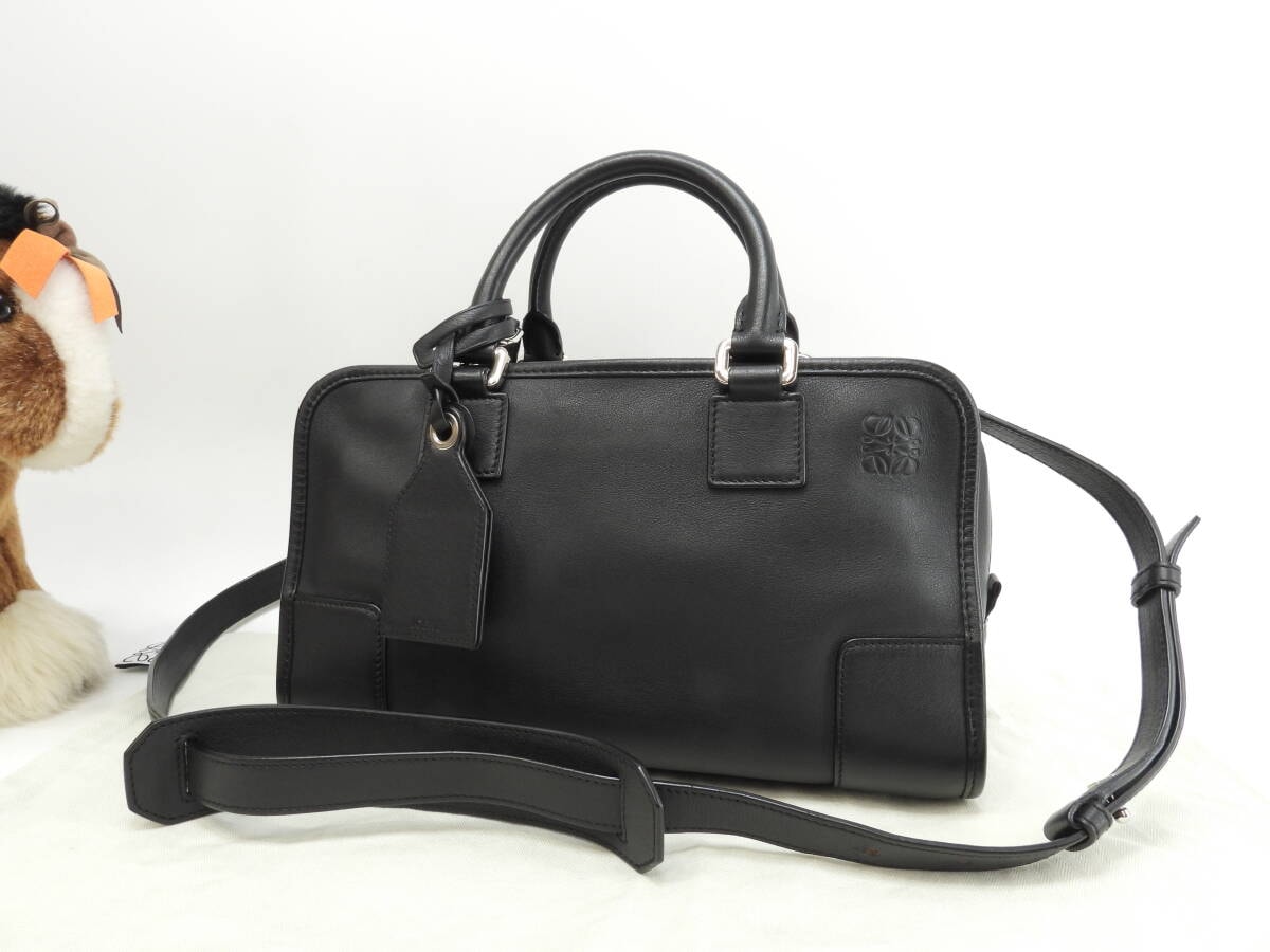 ロエベ アマソナ28 ストラップ付 スムースレザー黒 ハンドバッグ シルバー金具 極美品@471705