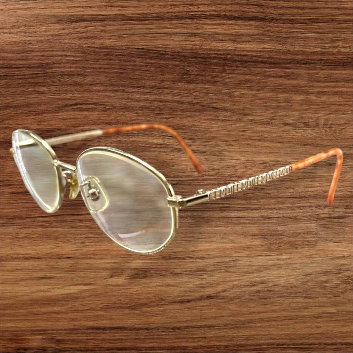 【良品】FENDI フェンディ 度入り 眼鏡 メガネフレーム フルリム ロゴ ゴールド べっ甲風 まだら模様 アイウェア メガネ FE-5001