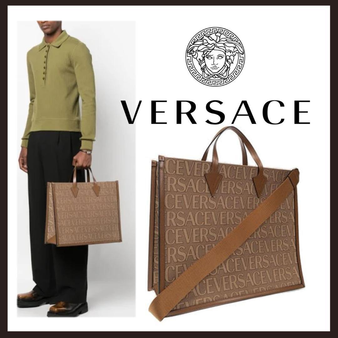 ○★新品 未使用 VERSACE キャンバス & レザー 2WAY ショルダー トートバッグ ブラウン（ヴェルサーチェ）○●