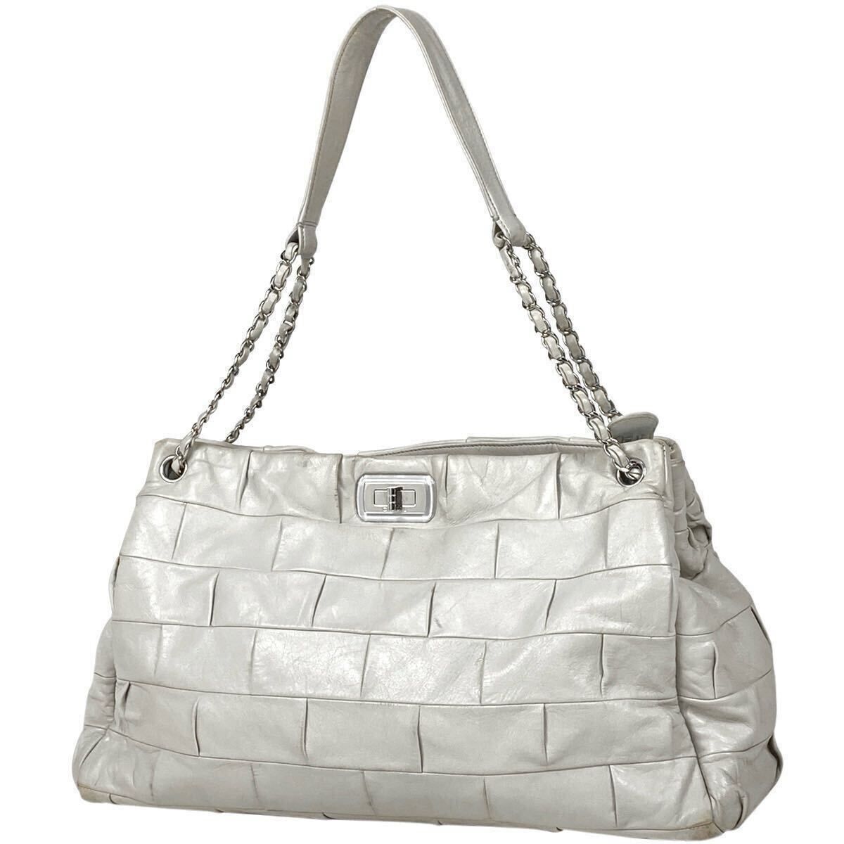 15万→CHANEL/シャネル■希少*2.55 レザー チェーンショルダートートバッグ エグゼクティブ チョコバー■オフホワイト*シリアルシール