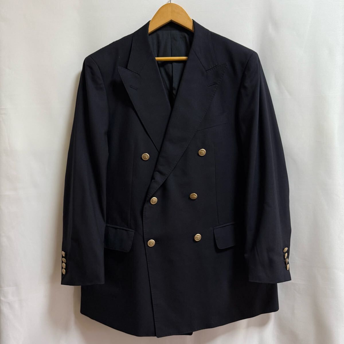 Burberry バーバリー モヘヤ テーラードダブルジャケット Vintage 金ボタン 90s 80s ピークドラペル LONDON ロンドン モヘア ブレザー 紺
