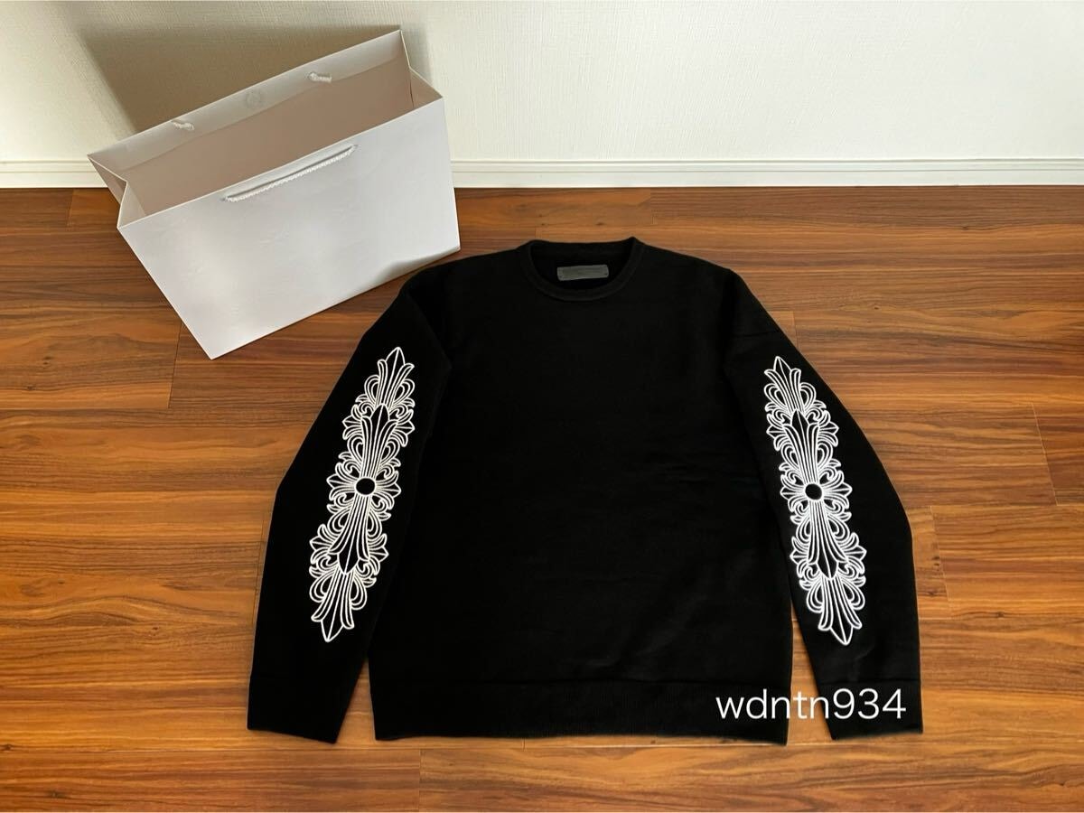 新作 クロムハーツ 新品 長袖ニット フローラルクロス刺繍 カシミア100% ブラック黒 L