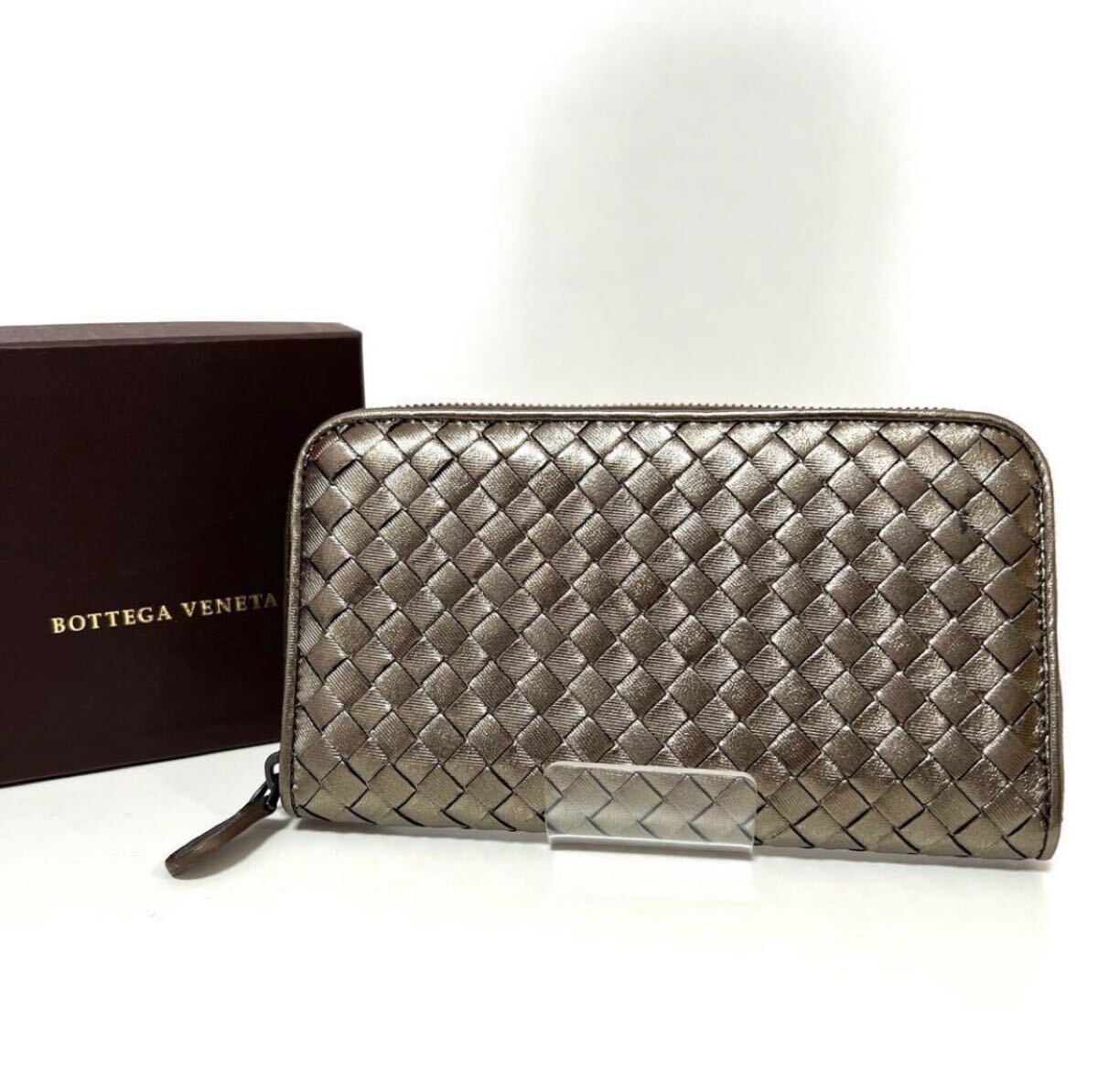 BOTTEGA VENETA ボッテガ ヴェネタ イントレチャート ラウンドファスナー 長財布 メタリックブラック 中古