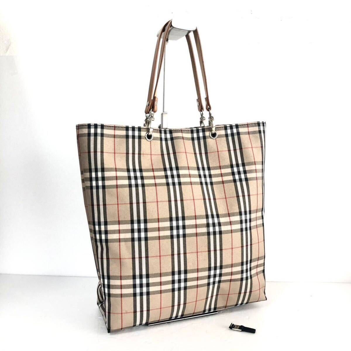 ■外観美品■BURBERRY LONDON バーバリーロンドン　トートバッグ　フルノバチェック　キャンバス×レザー　イタリア製　ベージュ