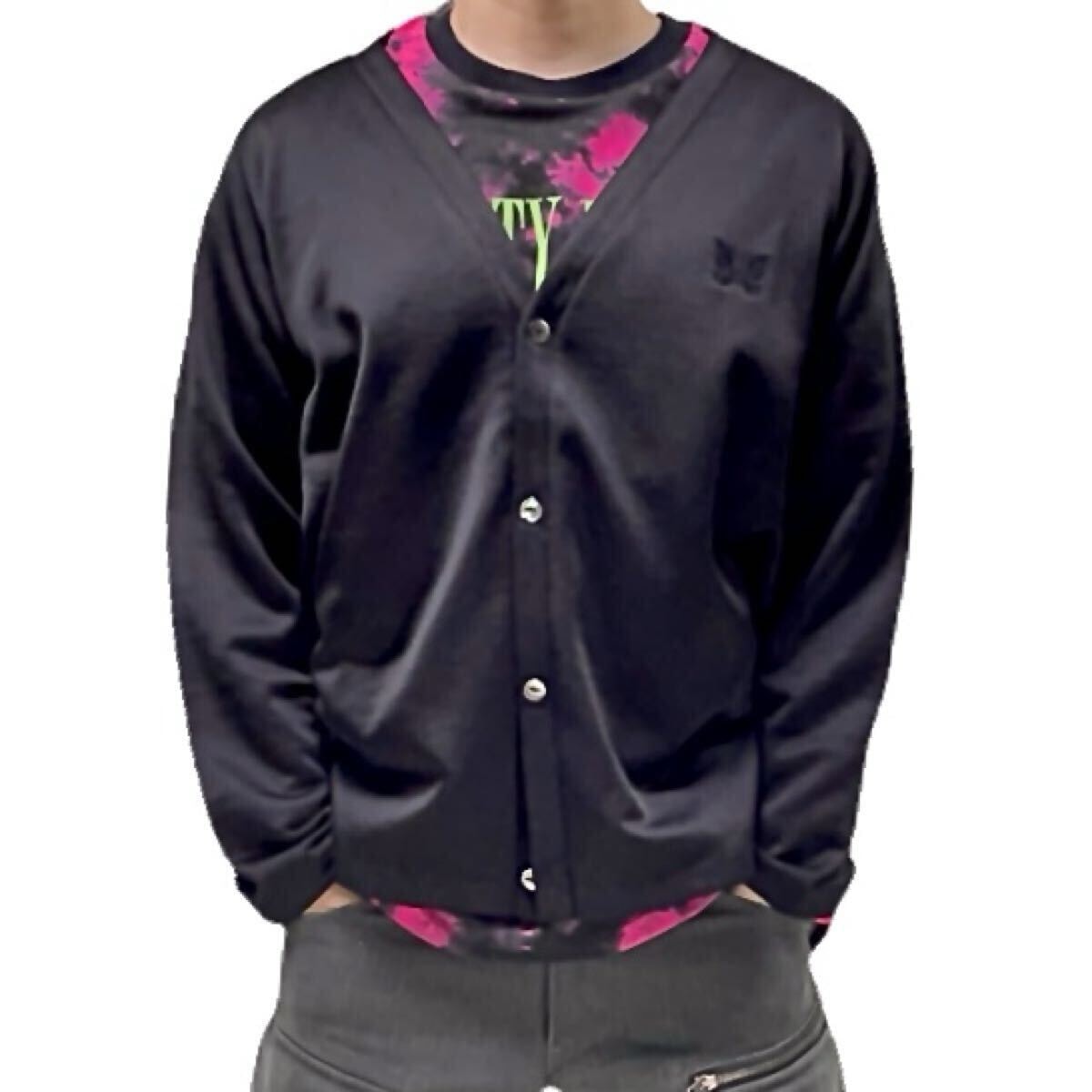 新品 Needles ニードルス ジャージ 裏地パイル 蝶 パピヨン ワンポイント刺繍 ラグランスリーブ 深Vネック シェルボタン カーディガン 黒 M