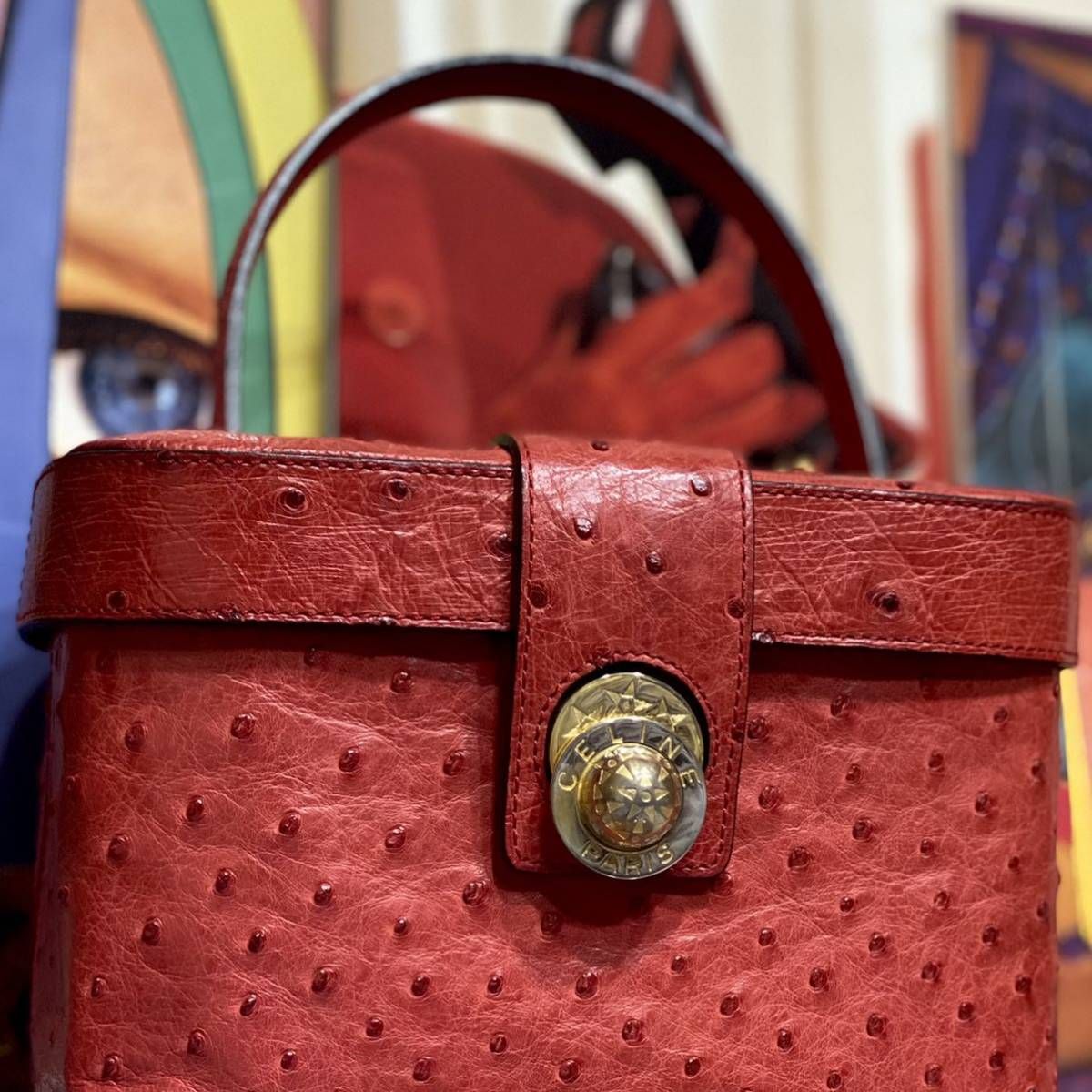 希少 VINTAGE OLD CELINE オーストリッチ バニティバッグ 青 希少 VINTAGE OLD CELINE オーストリッチ バニティバッグ 青