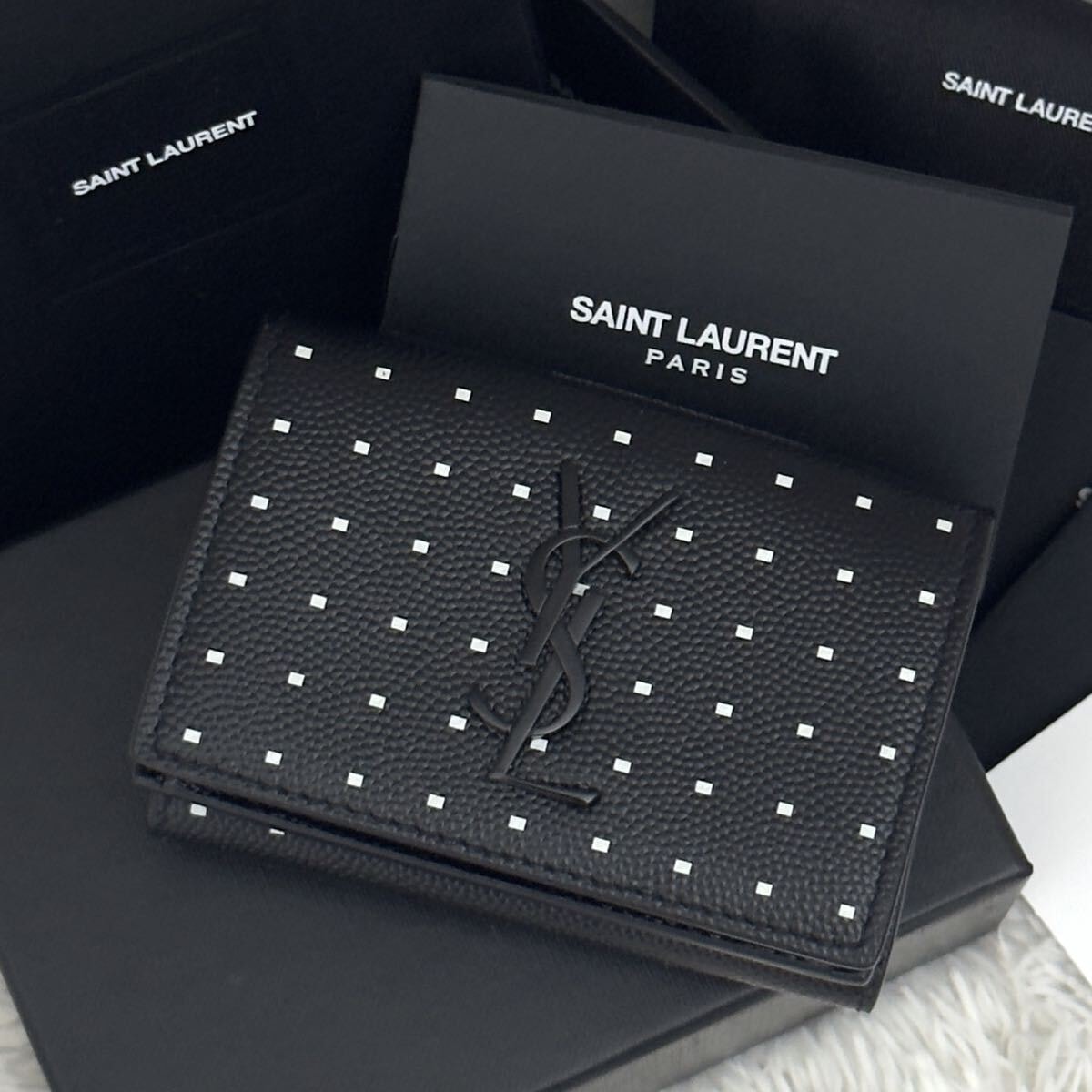 ☆新品級☆激レア SAINT LAURENT サンローラン タイニーウォレット レザー カサンドラ ブラック ドット