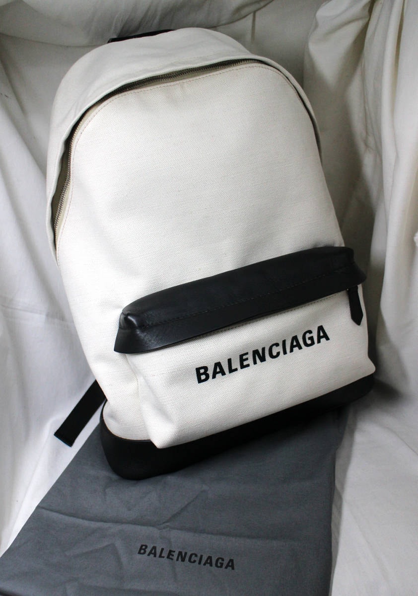 【BALENCIAGA】バレンシアガ　コットンキャンバス バックパック 392007　キャンバス×レザー　ホワイト×ブラック　リュック