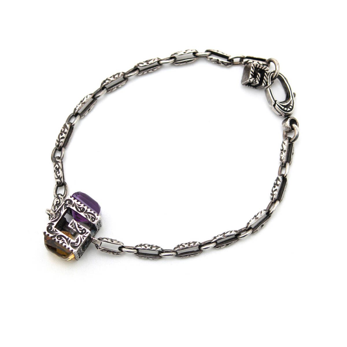 中古 良品 グッチ GUCCI Ag925 ブレスレット スクエアG カラーストーン 550888 シルバー アラベスク ゴシック ブランド アクセサリー 紫 黄