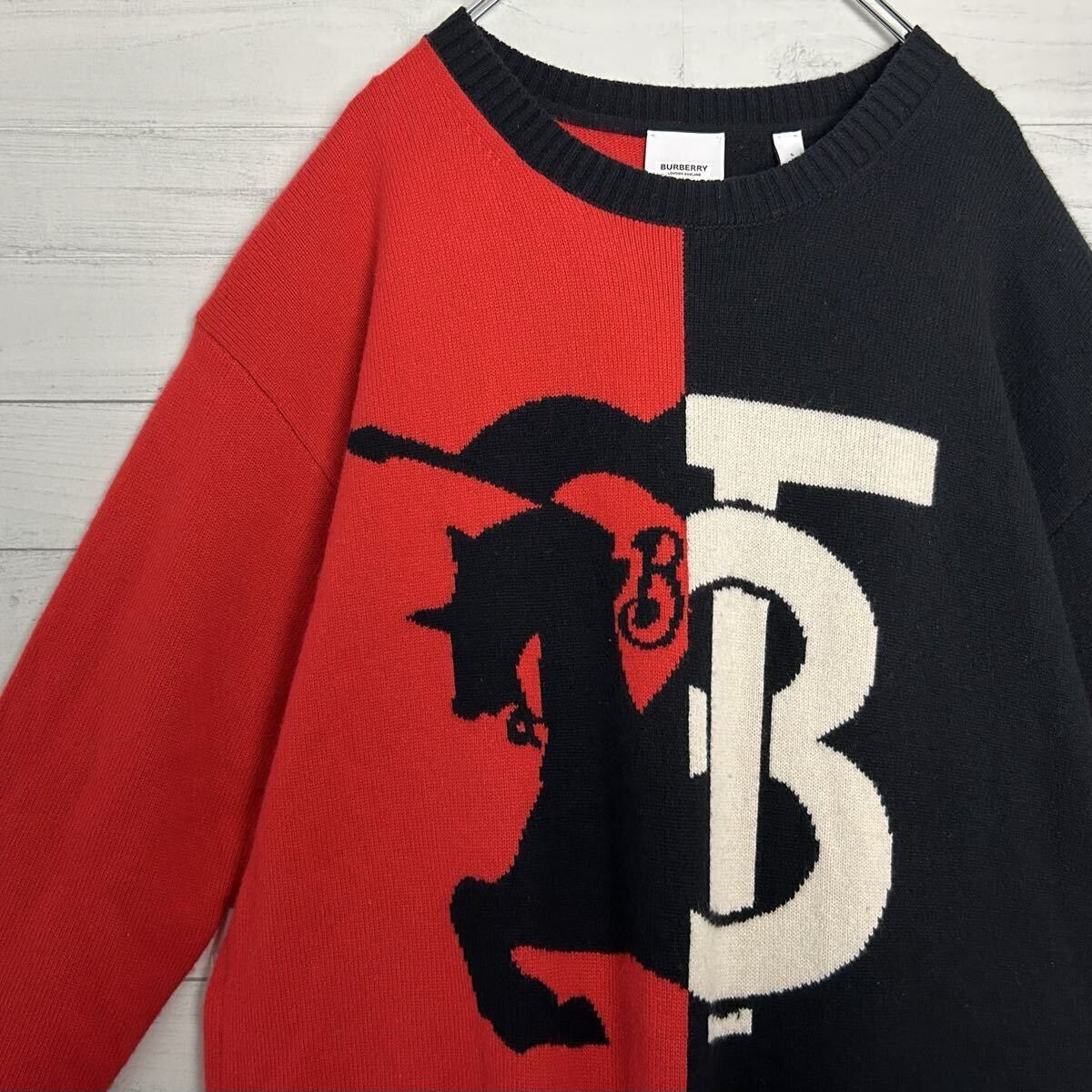 未使用級 BURBERRY バーバリー ＴＢロゴ ホースナイト カシミヤ クルーネック ニット セーター 黒×赤 M相当 トップス メンズ