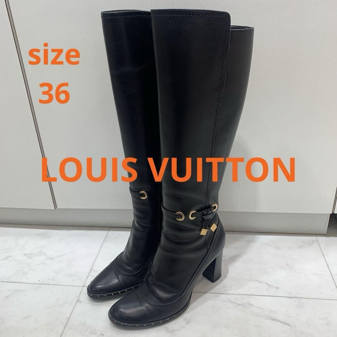 ルイヴィトン 36 23.0 レザーロングブーツ リボン ブラック/ED47 LOUIS VUITTON ルイヴィトン ブーツ レディース36 ブラック