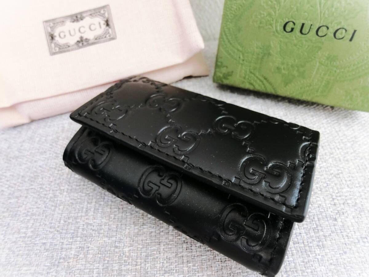 【新品 未使用】GUCCI 6連キーケース グッチシマ 黒 ブラック 型押しカーフ レザー シルバー金具 箱/保存袋付 男女兼用