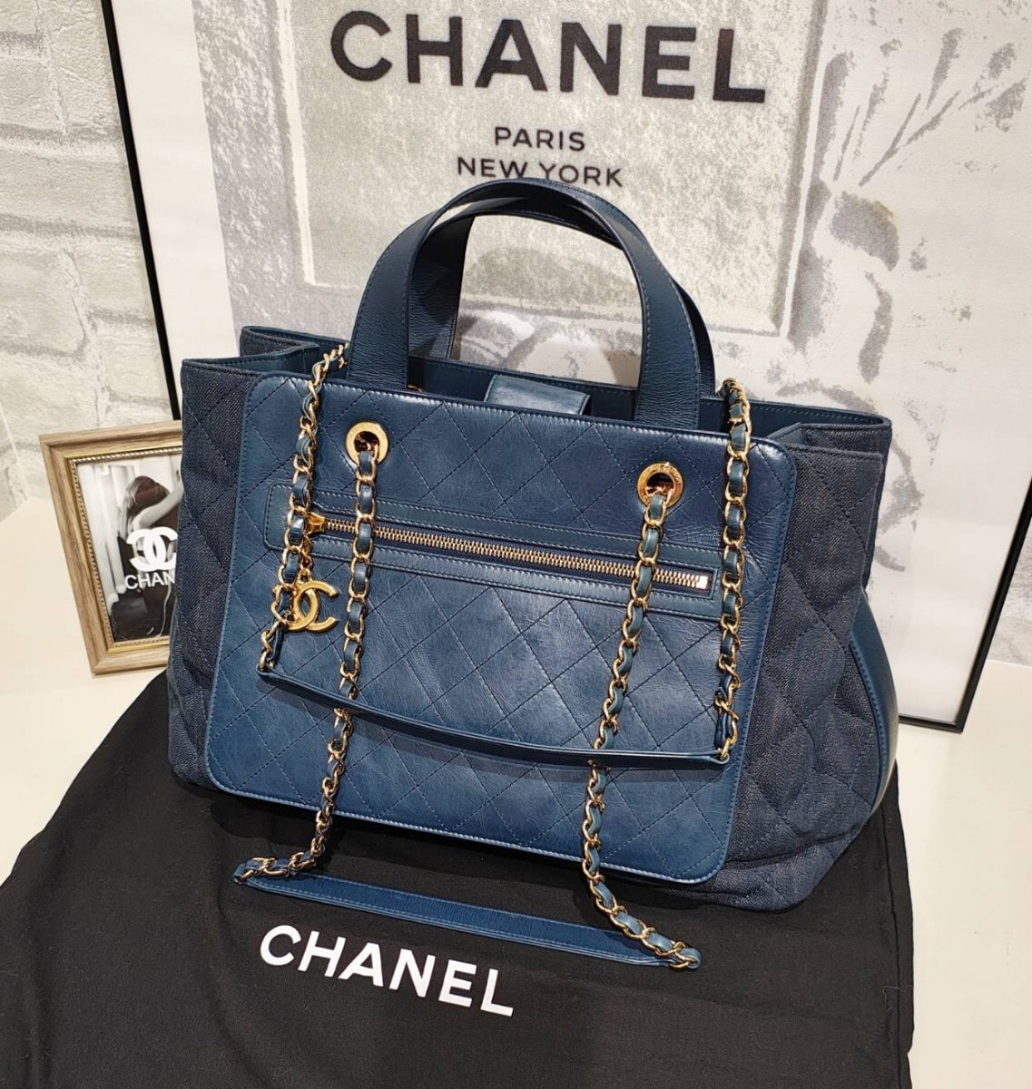CHANEL シャネル マトラッセ デニム Wチェーン 2way ハンド ショルダー バッグ 超美品 青 ネイビー シリアルシール