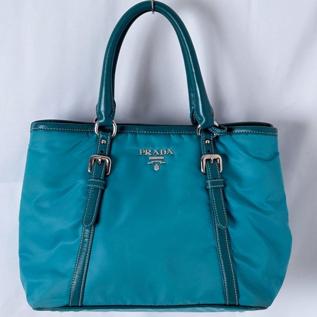 PRADAテスートナイロン×レザートートバッグ希少ターコイズブルー シルバーロゴ