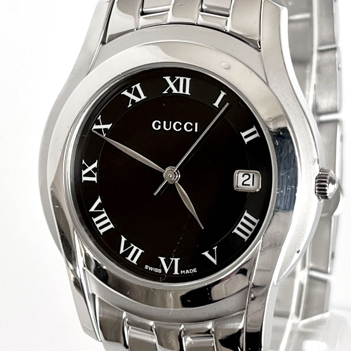【稼働】磨き済み グッチ GUCCI 5500M メンズ 腕時計 美品 電池新品 ブラック文字盤 s2216