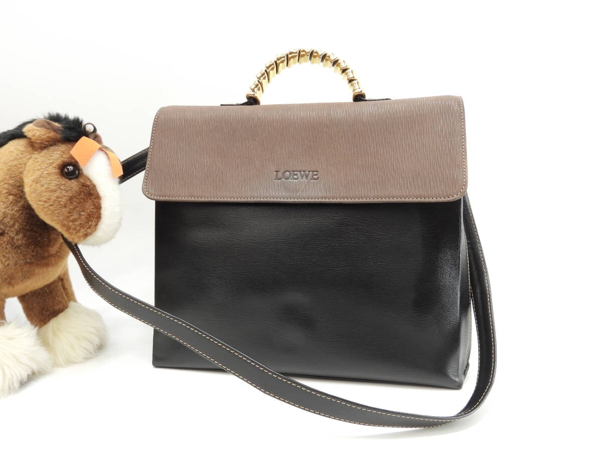 ロエベ 2wayハンドバッグ中 ベラスケス レザー黒茶 ヴィンテージ ケリー型@L25 2