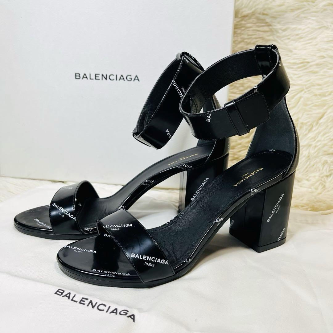 【美品】BALENCIAGA バレンシアガ アンクルストラップ ヒール パンプス サンダル 総柄 ロゴ 490632 ブラック 黒 レディース 23.5cm