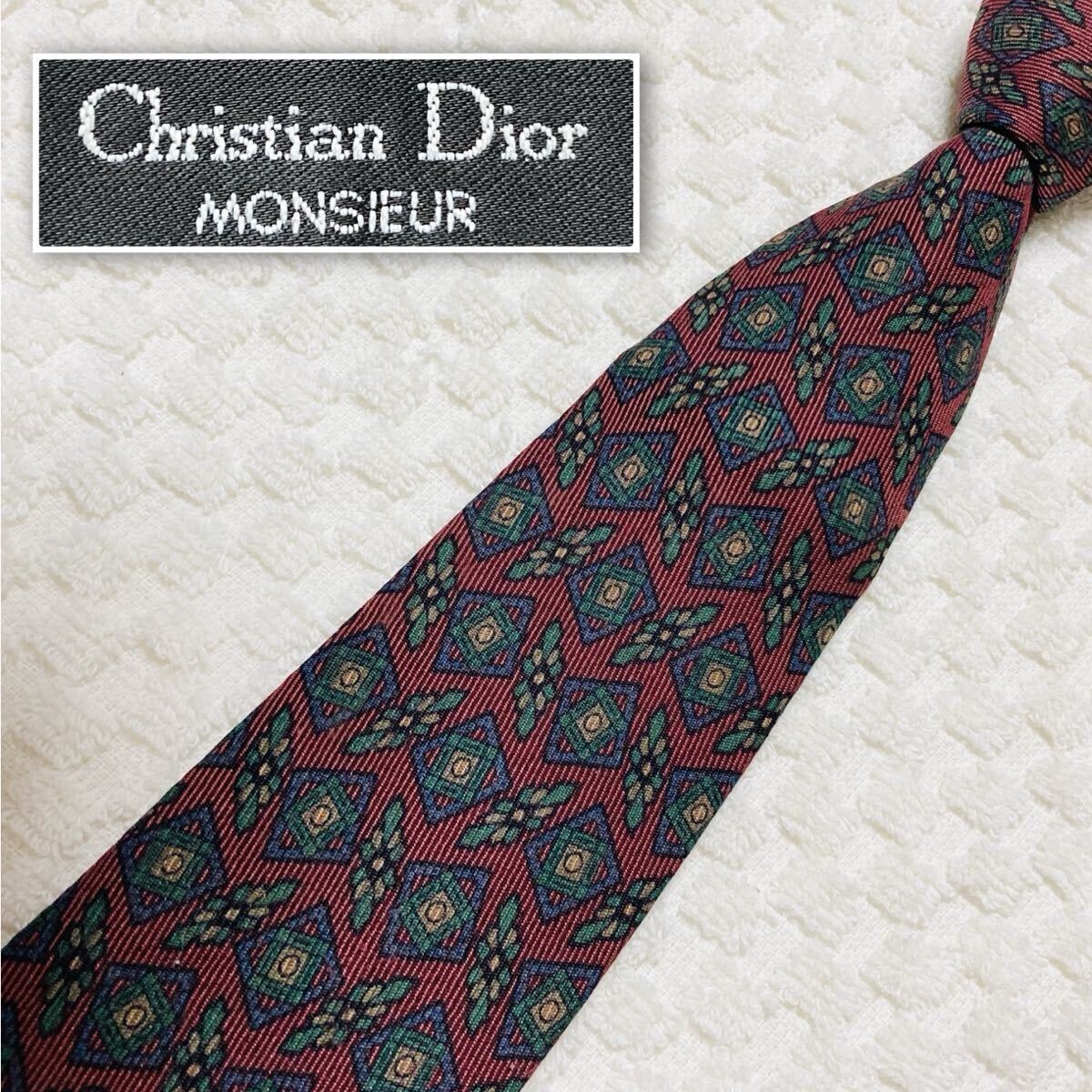 ■美品■Christian Dior クリスチャンディオール　ネクタイ　ジュエリー　総柄　ウール×シルク　フランス製　エンジ×青緑　ビジネス