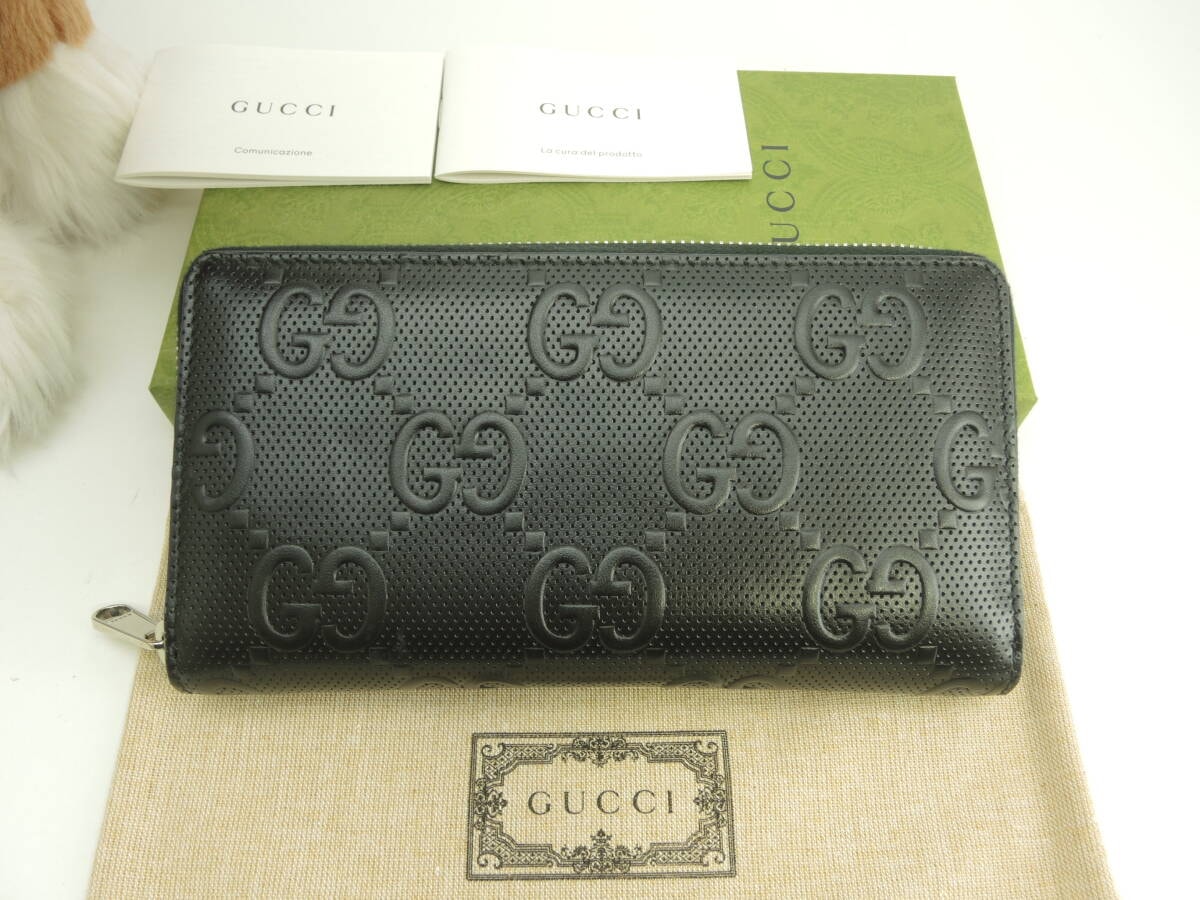 グッチ ロングウォレット ビッグGGエンボス レザー黒 ラウンドジップ長財布 未使用@ 1