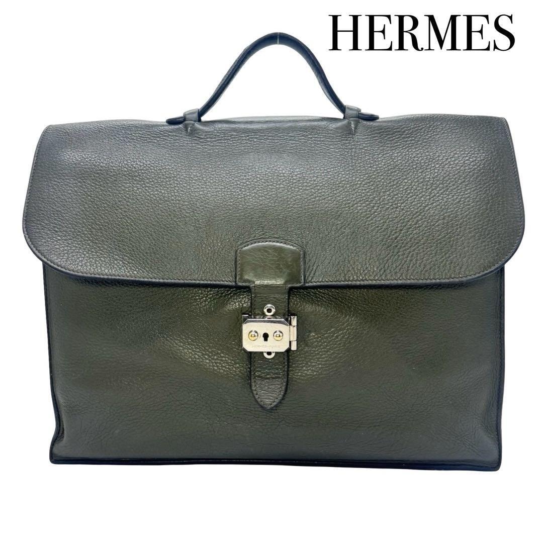 HERMES エルメス サックアデペッシュ38 □K刻印 レザー ビジネス ハンドバッグ メンズ A4 ノートPC収納可能