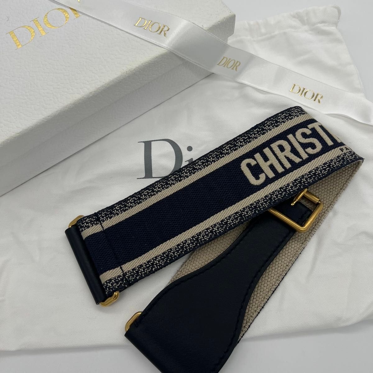 DIOR ディオール エンブロイダリー　ロゴ ベルト ネイビー キャンバス