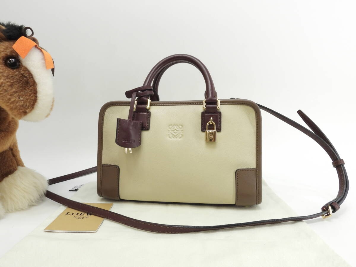 ロエベ アマソナ23 レザー クリーム茶ボルドー ミニハンドバッグ ポシェット 美品@061210