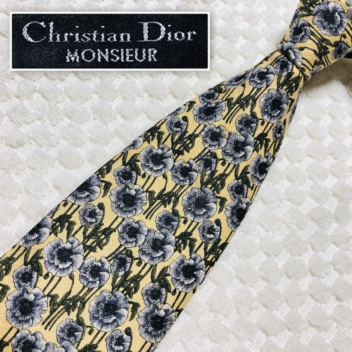 ■美品■Christian Dior クリスチャンディオール　ネクタイ　花柄　フラワー　総柄　シルク100 % クリームイエロー×グレー×グリーン