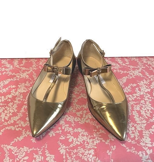 最終価格★JIMMY CHOO ジミーチュウ★リボンTストラップ・メタリックレザー・バレエ・フラット・シューズ・パンプス・ゴールド・35★美品