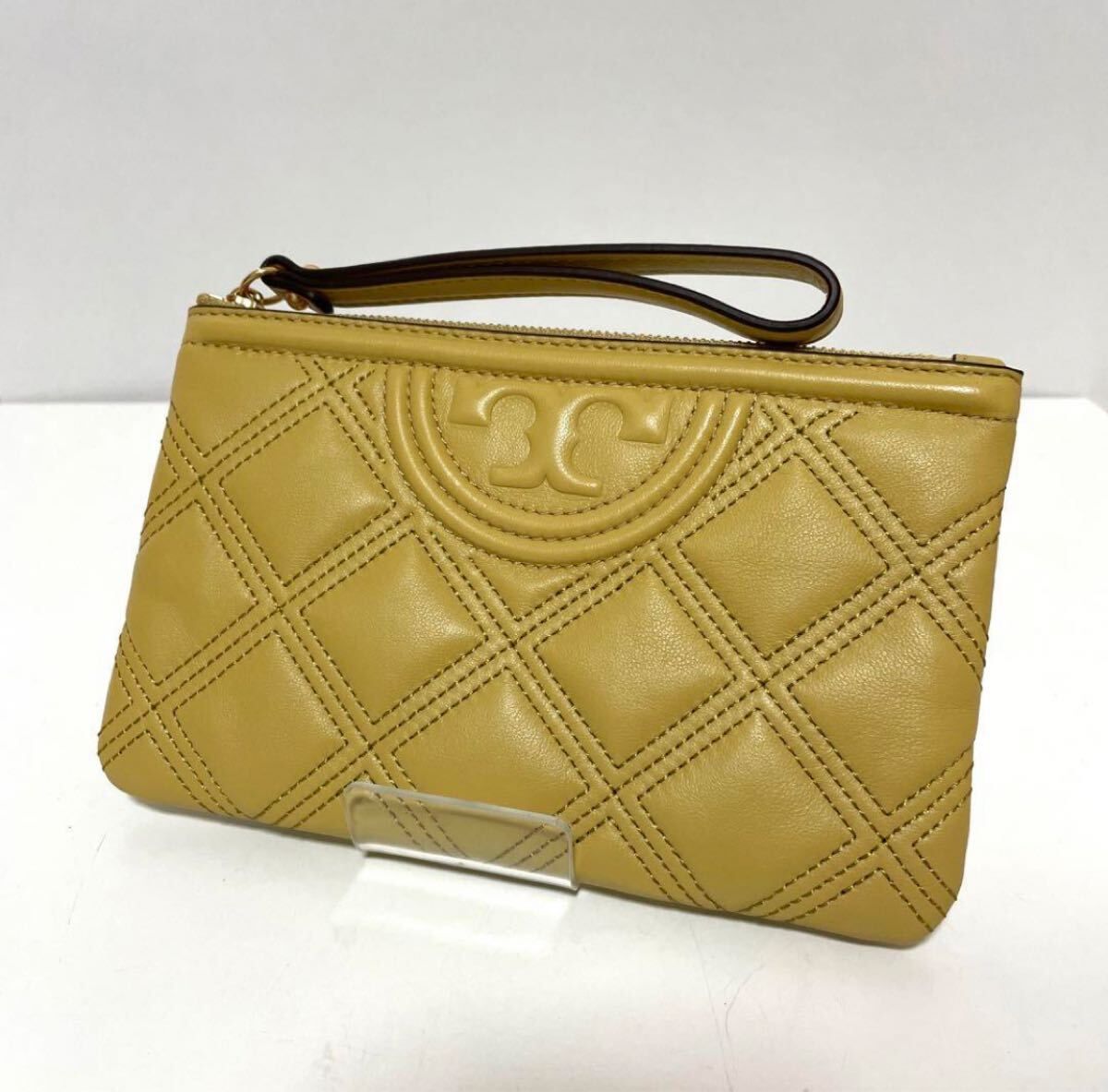 TORY BURCH トリーバーチ キルティング ソフト リストレット ポーチ ジップ ミニクラッチバッグ イエロー 美品 
