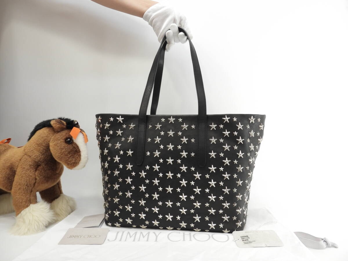ジミーチュウ ソフィアM 銀スタースタッズ レザー黒 トートバッグ ショルダーバッグ@WX4TQ6