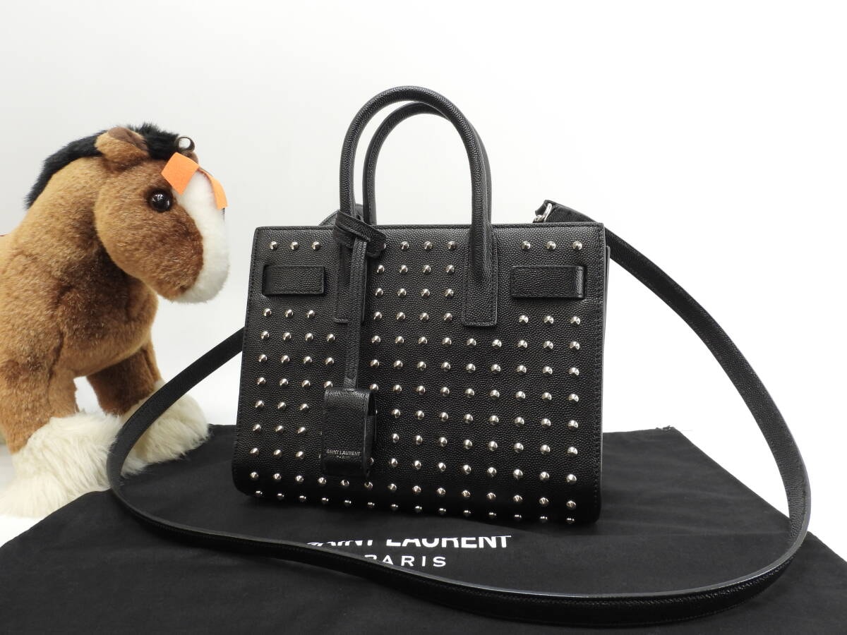 サンローラン サックドジュールナノ スタッズ レザー黒 ミニハンドバッグ ポシェット YSL 美品@ 73