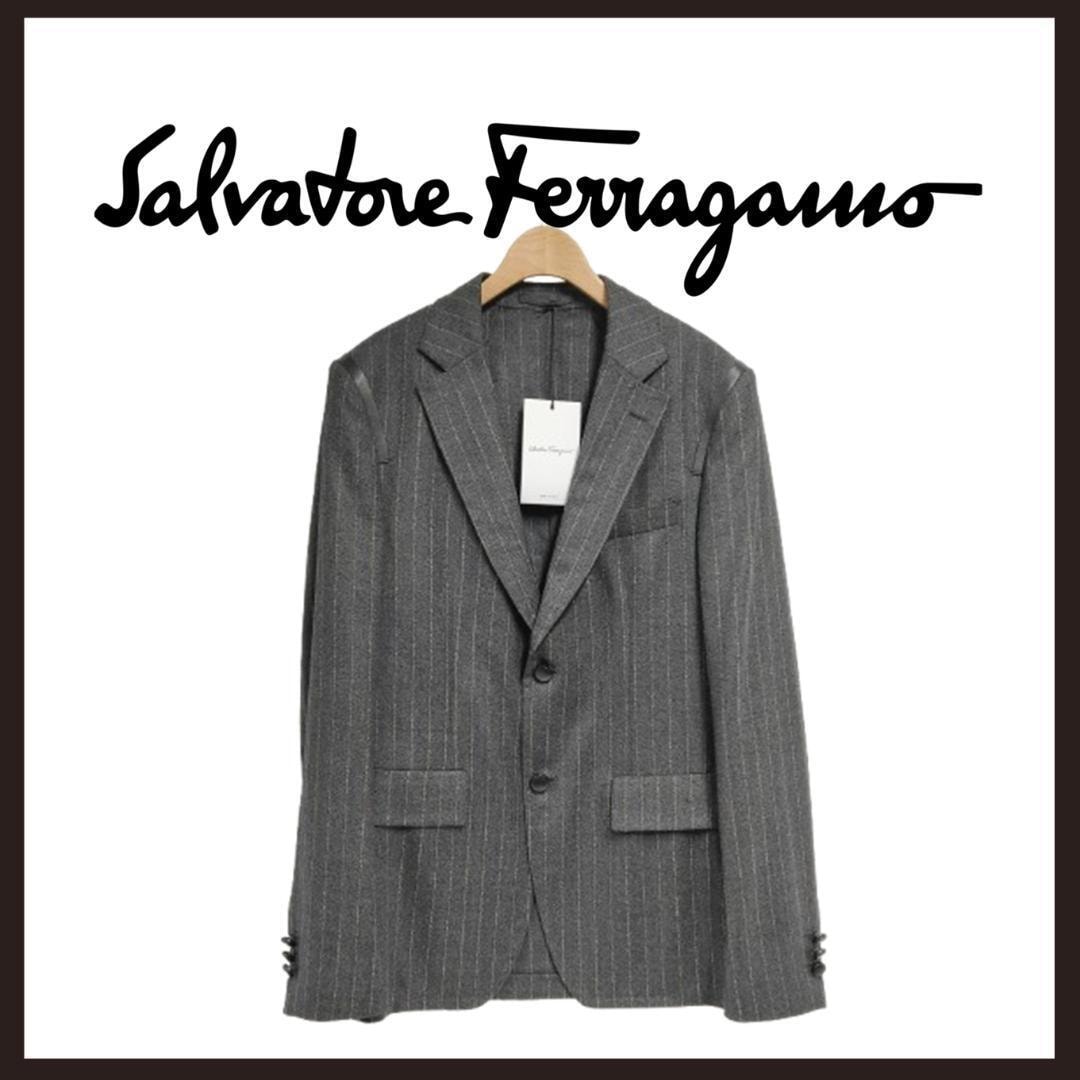 ○★新品 未使用 サルバトーレフェラガモ チョークストライプ ジャケット グレー L相当（Salvatore Ferragamo）○●