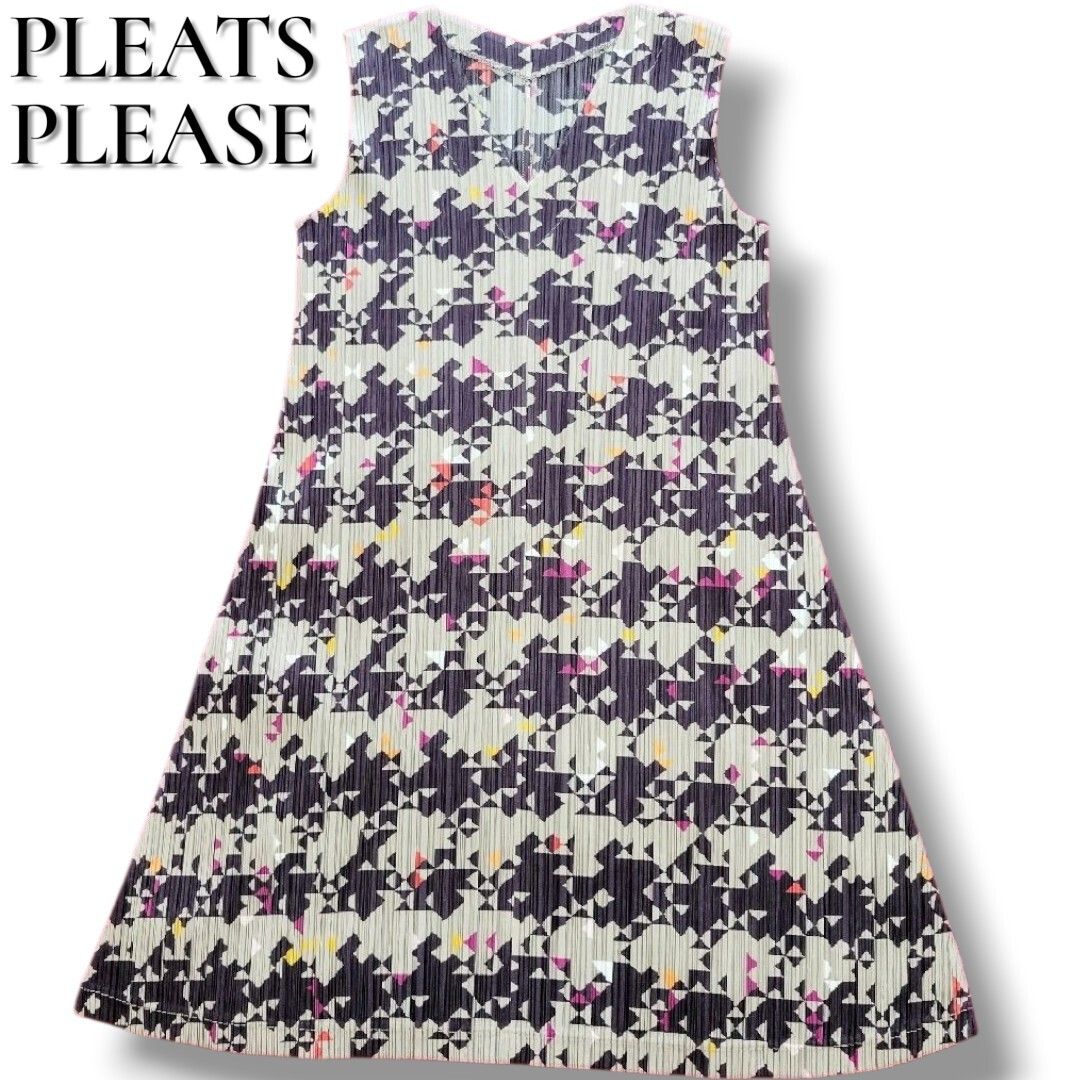 【未使用品級】プリーツプリーズ トライアングルプリント ワンピース Aライ PLEATS PLEASE ISSEY MIYAKE イッセイミヤケ