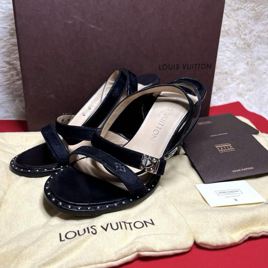 【美品】 LOUIS VUITTON ルイヴィトン モノグラム ロゴ スタッズ アンクルストラップ ヒールサンダル 35 ブラック イタリア製 パンプス