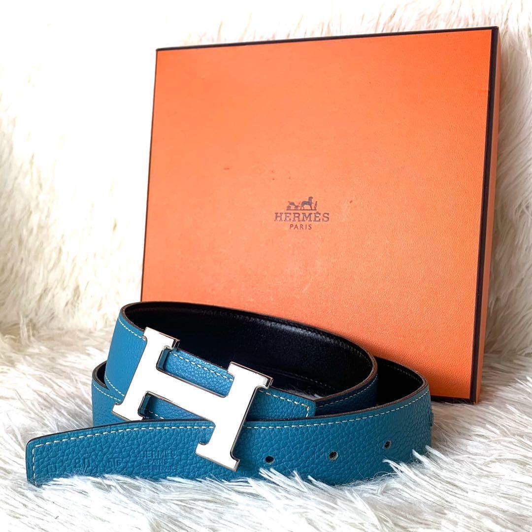 【極美品】HERMES エルメス ベルト コンスタンス リバーシブル ブラック 黒 ブルー 青 シルバー金具 レザー 本革 80サイズ □I 男女兼用