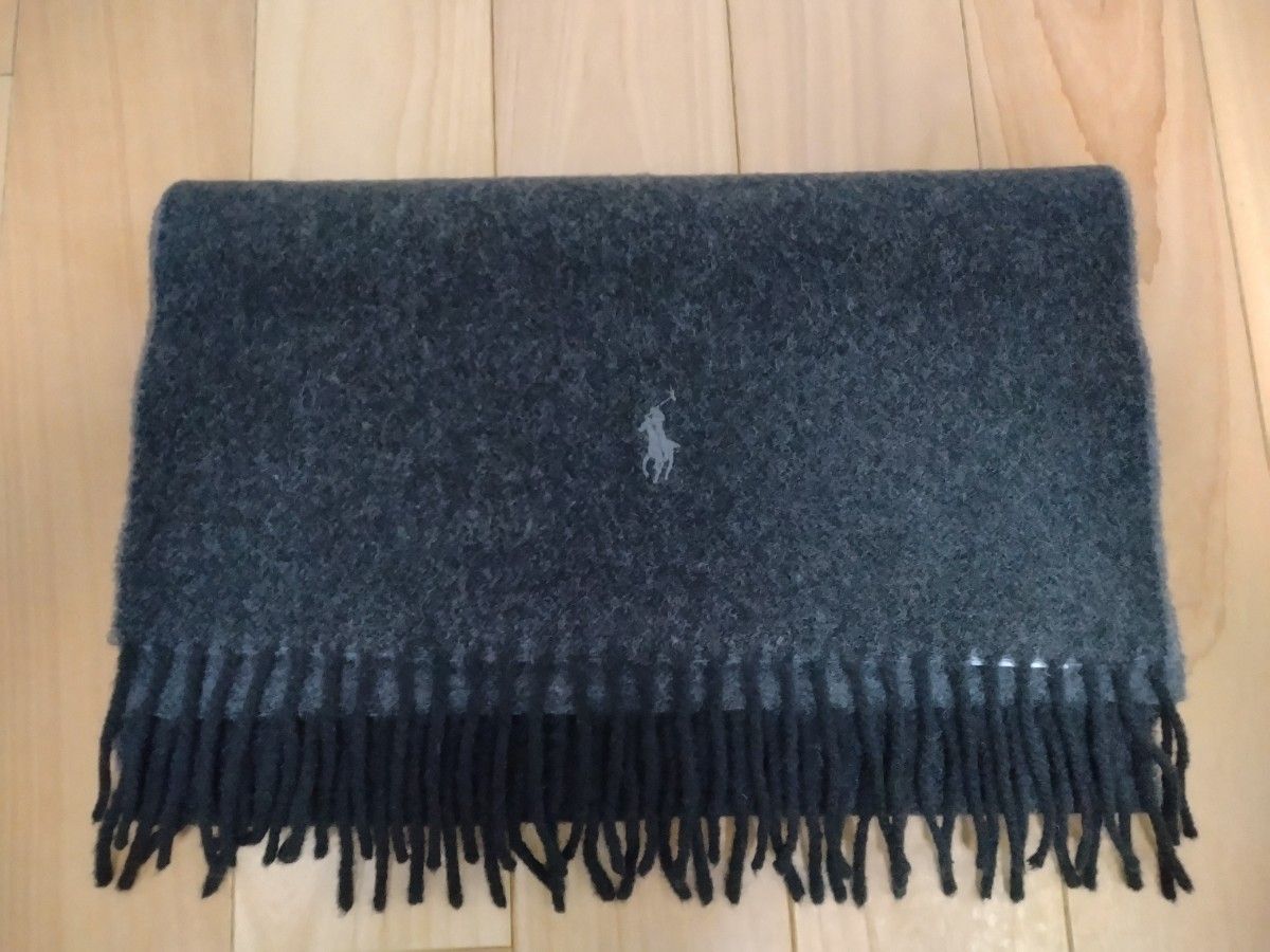 本物 美品 POLO RALPH LAUREN ポロ ラルフローレン ウール マフラー ダークグレー/グレー イタリア製